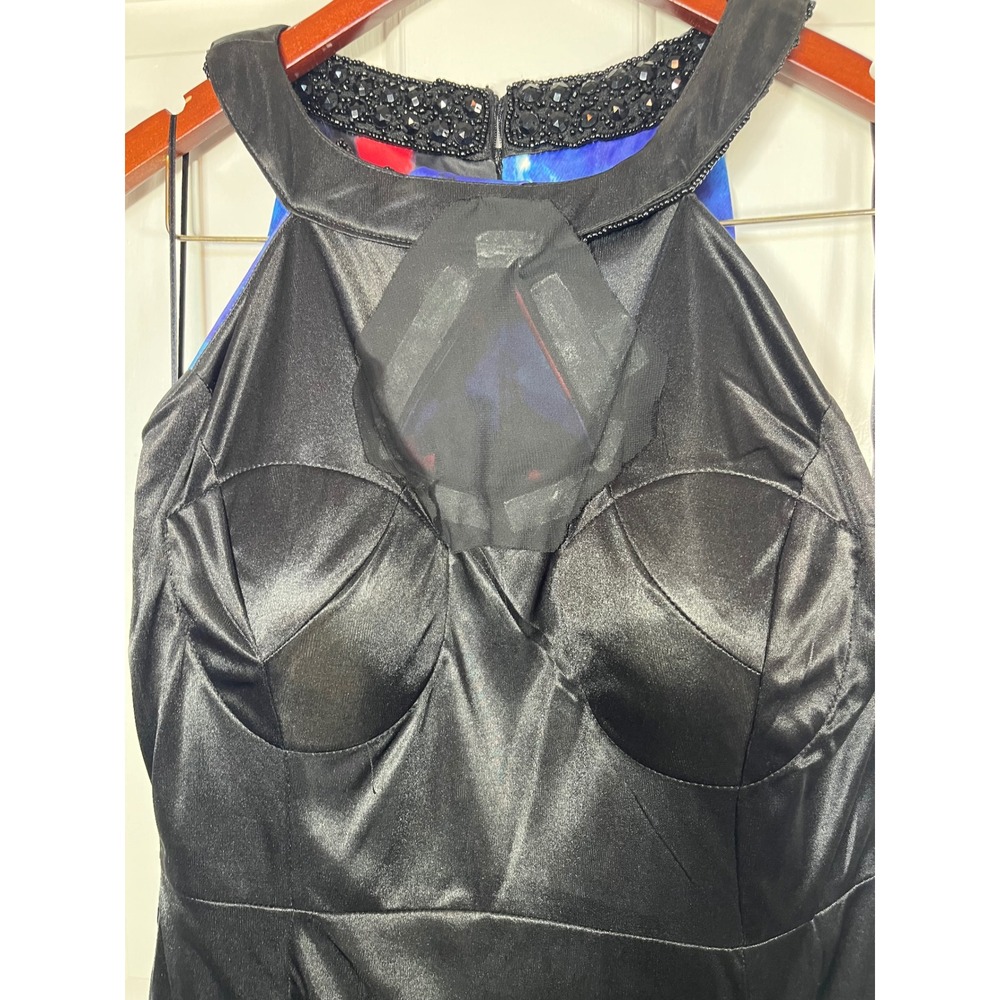 JAX Floral Sheath Dress Women 12 Black Blue Beaded Halter Neck - Picture 8 of 12